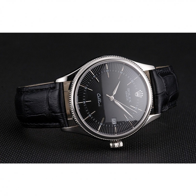Luxury Replica Watches Swiss Rolex Cellini Date Black Dial Stainless Steel Case Black Leather Strap-3
