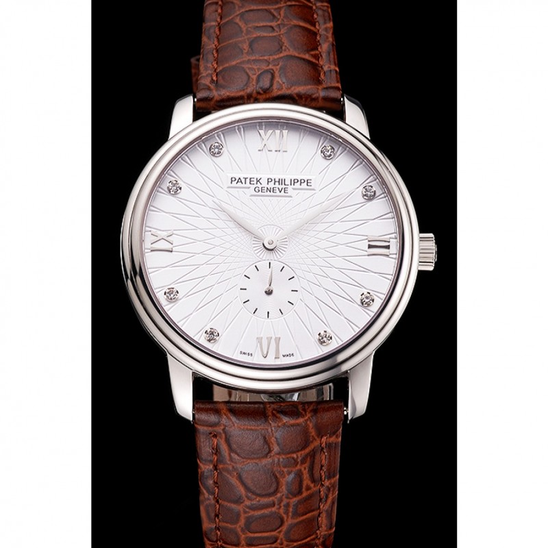 Cheap Patek Philippe Calatrava Date White Embossed Dial Stainless Steel Case Brown Leather Strap-1