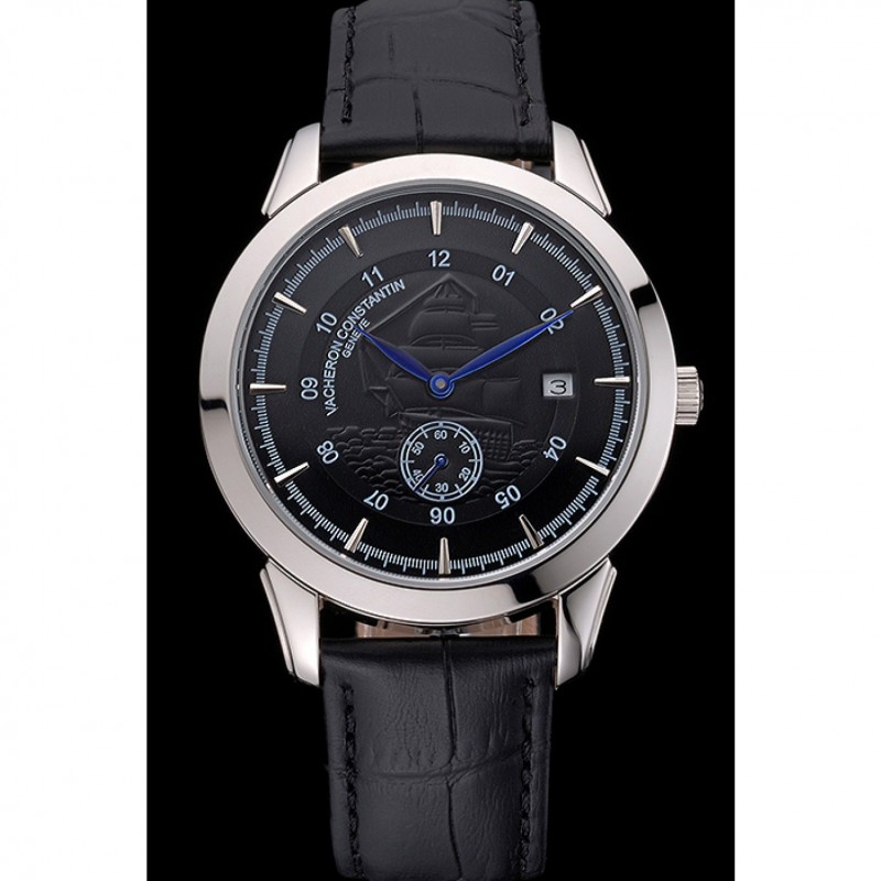 Vacheron Constantin Traditionnelle Black Ship Dial Stainless Steel Case Black Leather Strap-1