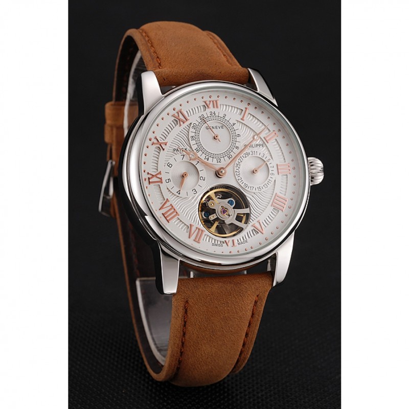 Patek Philippe Grand Complications Day Date Tourbillon White Dial Rose Gold Numerals Stainless Steel Case Brown Suede Leather Strap 1453818-2