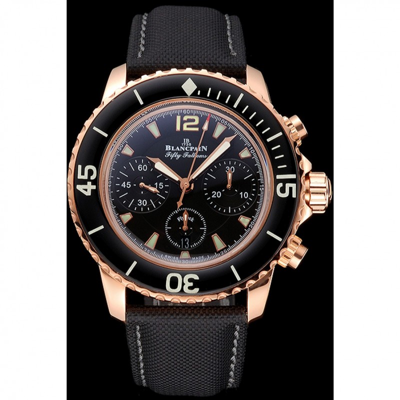 Swiss Blancpain Fifty Fathoms Flyback Chronograph Black Dial Black Bezel Rose Gold Case Black Canvas Strap-1