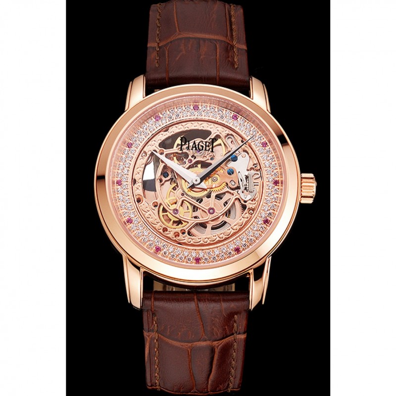 Swiss Piaget Altiplano Rose Gold Skeleton Dial With Diamonds Rose Gold Case Brown Leather Strap-1
