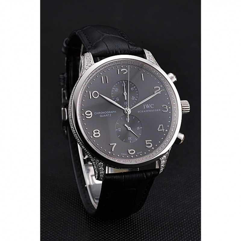 IWC Portugieser Chronograph Black Diamond Dial Black Leather Bracelet-2
