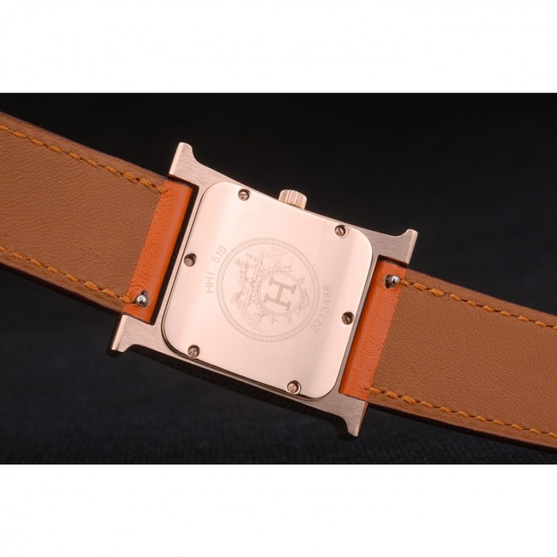 Cheap Hermes Heure H Rose Gold Bezel Orange Leather Strap White Dial 80234-6