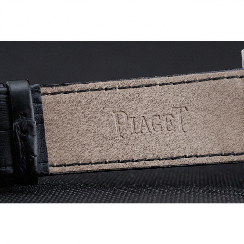 Piaget Emperador Limited Edition Black Dial Engraved Silver Case Black Leather Bracelet 1454136-6