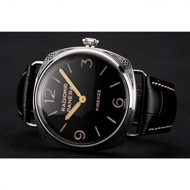 High End Swiss Panerai Radiomir 3 Days Acciaio"Firenze" Black Dial Stainless Steel Case Black Leather Strap-4