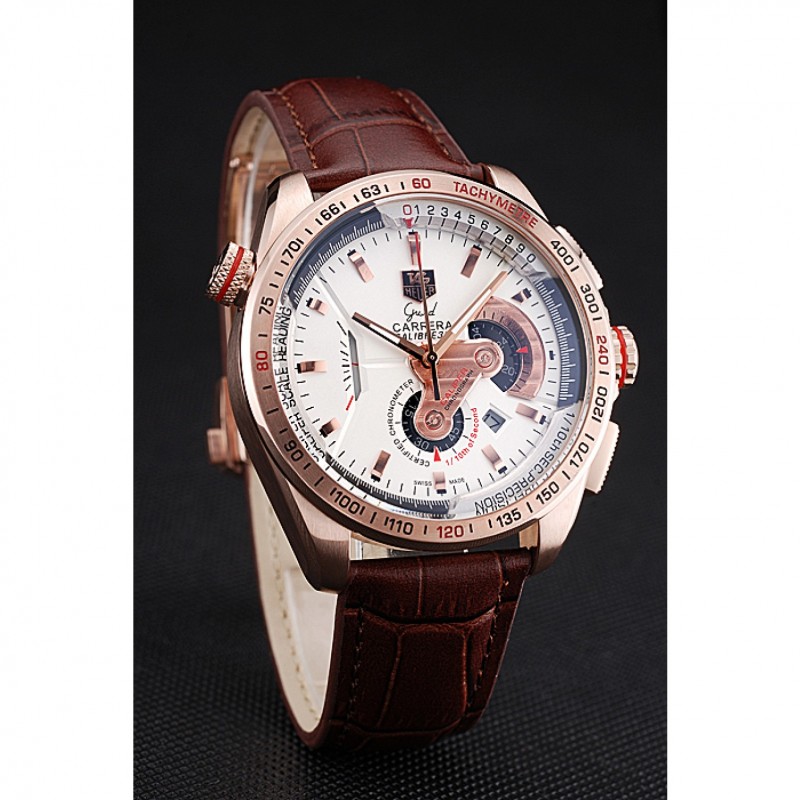 SS Tag Heuer Carrera Rose Gold Case White Dial Brown Leather Strap 98244-2