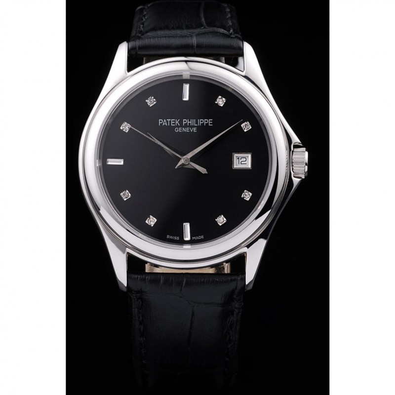Patek Philippe Geneve Calatrava Crystal Studded Hour Marker Black Dial Black Leather Strap 98170-1