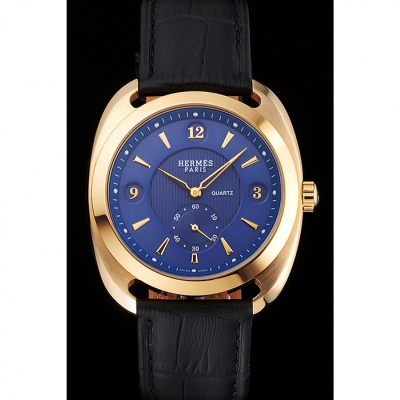 Hermes Dressage Blue Dial Gold Case Black Leather Strap-1