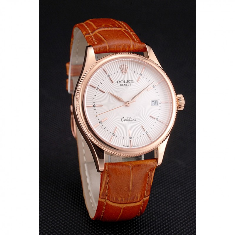 Luxury Replica Watches Swiss Rolex Cellini Date White Dial Rose Gold Case Brown Leather Strap-2