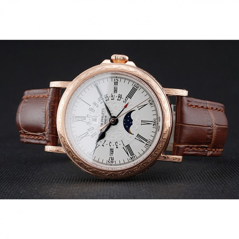 Patek Philippe Perpetual Calendar Retrograde Date White Dial Engraved Rose Gold Case Brown Leather Bracelet 1454148-3