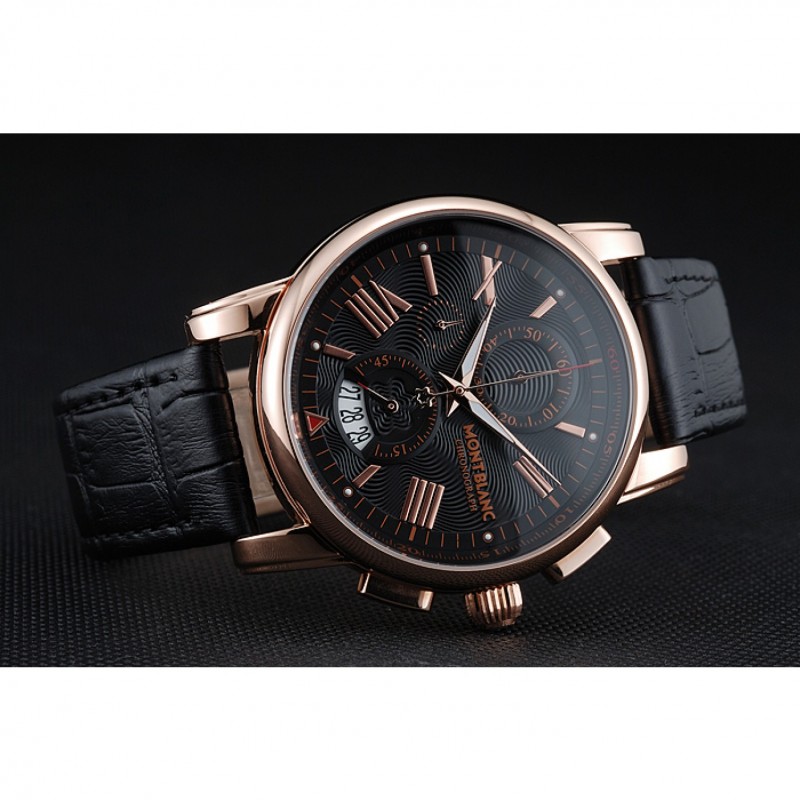 Montblanc Chronograph Black Dial Black Leather Bracelet Rose-Gold Case 1454110-3