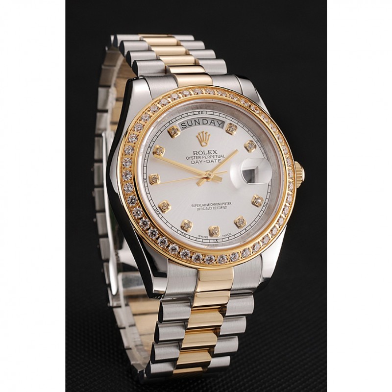Swiss Rolex Day-Date White Dial Gold Diamond Case Two Tone Stainless Steel Bracelet 1453971-1