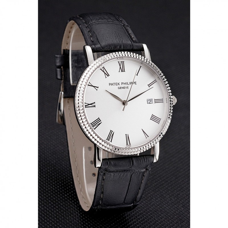 Patek Philippe Calatrava White Dial Roman Numerals Ribbed Bezel Stainless Steel Case Black Leather Strap-2