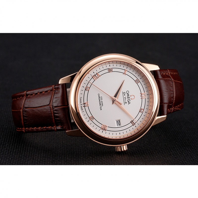 Omega De Ville Prestige White Dial Rose Gold Case Brown Leather Strap-4