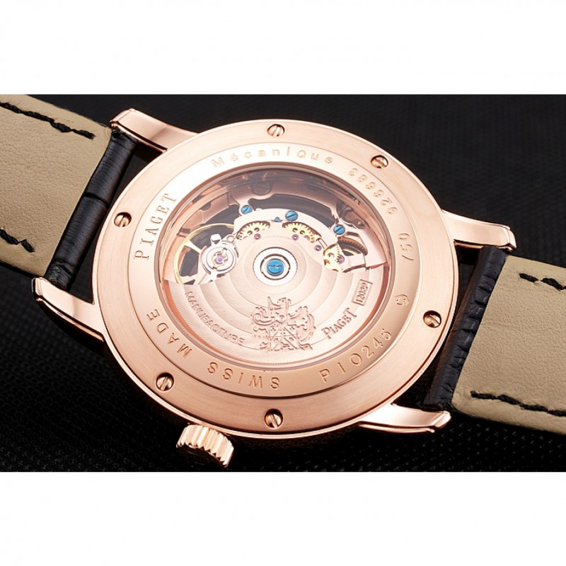 SS Replica Watches Swiss Piaget Altiplano Rose Gold Skeleton Dial With Diamonds Rose Gold Case Black Leather Strap-5