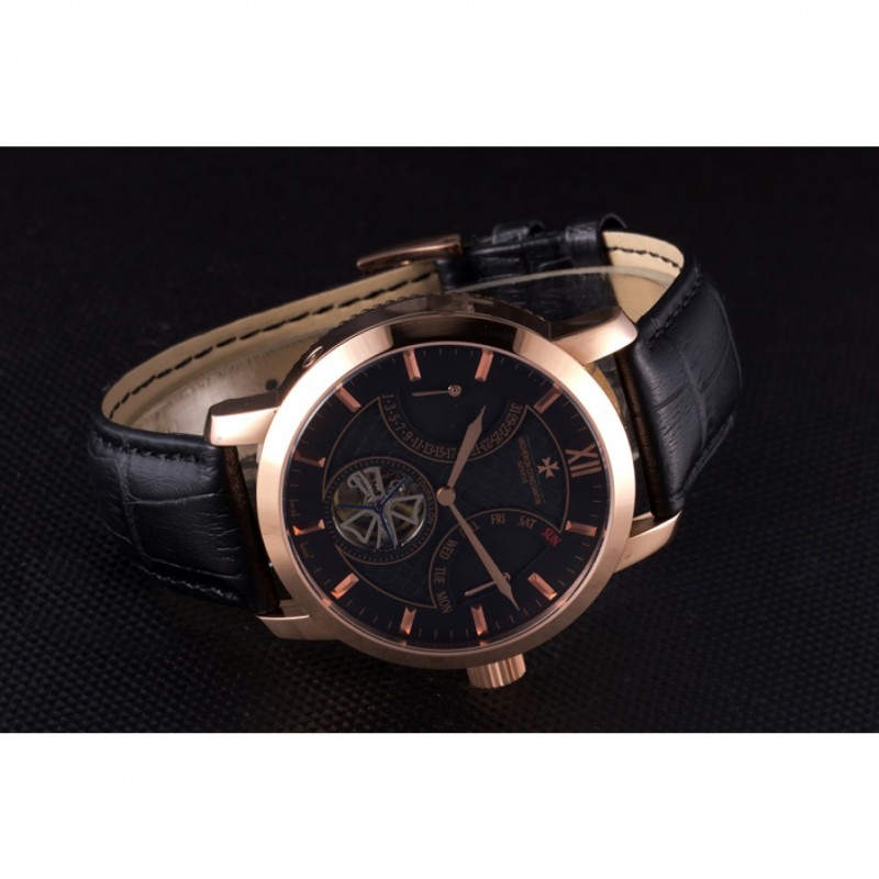 Cheap Vacheron Constantin Tourbillon Black Dial Rose Gold Case Black Leather Bracelet-3