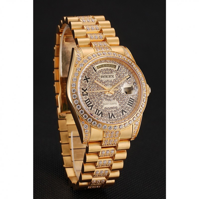 Best Replica Watches Swiss Rolex Day-Date Diamond Pave Dial Gold Diamond Bracelet 1453956-1