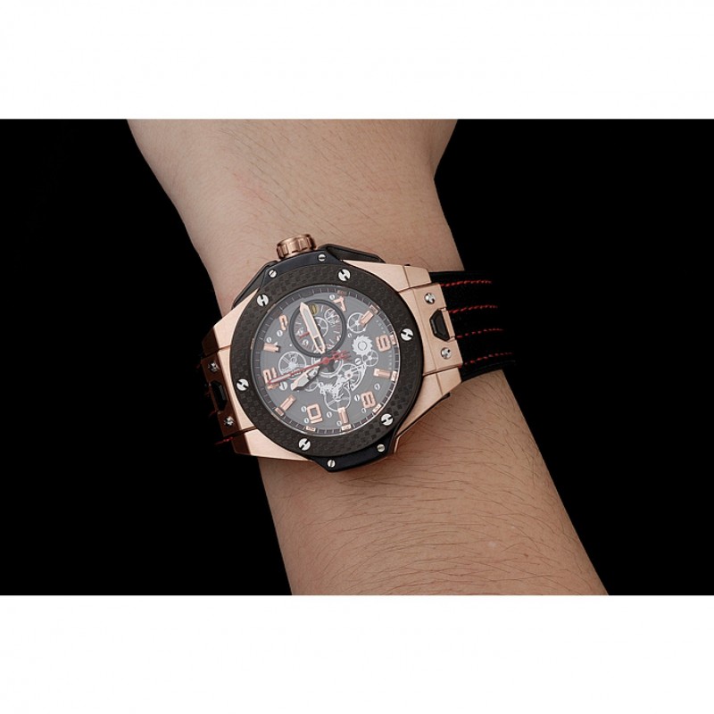 SS Replica Watches Hublot Big Bang Ferrari Silver Dial Carbon Bezel Gold Case Black Leather Strap 622769-8