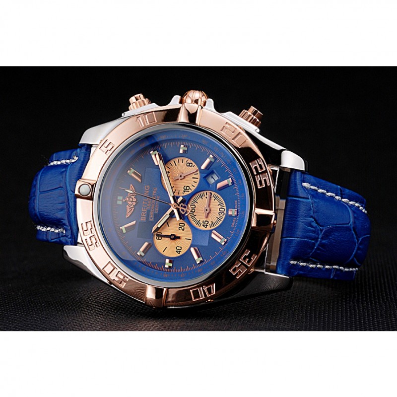 Breitling Chronomat Blue Dial Rose Gold Bezel And Subdials Stainless Steel Case Blue Leather Strap-3