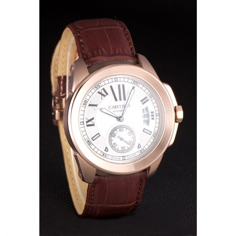 Best Cartier Calibre White Dial Gold Case Brown Leather Bracelet-2