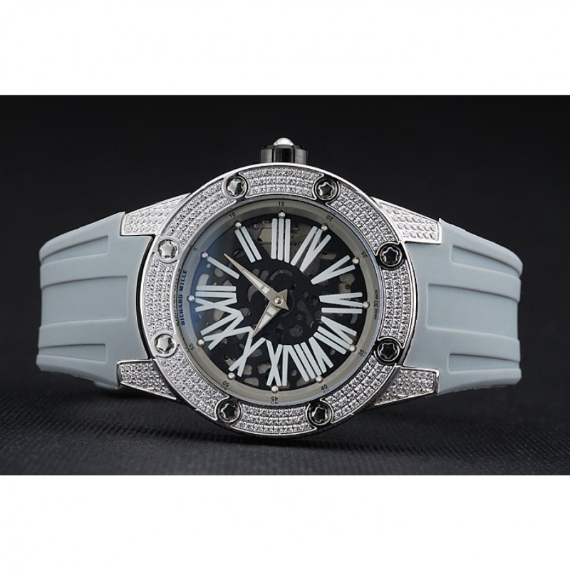 Luxury Replica Watches Richard Mille RM 033 Extra Flat Automatic Diamond Case Grey Rubber Bracelet 1454194-3