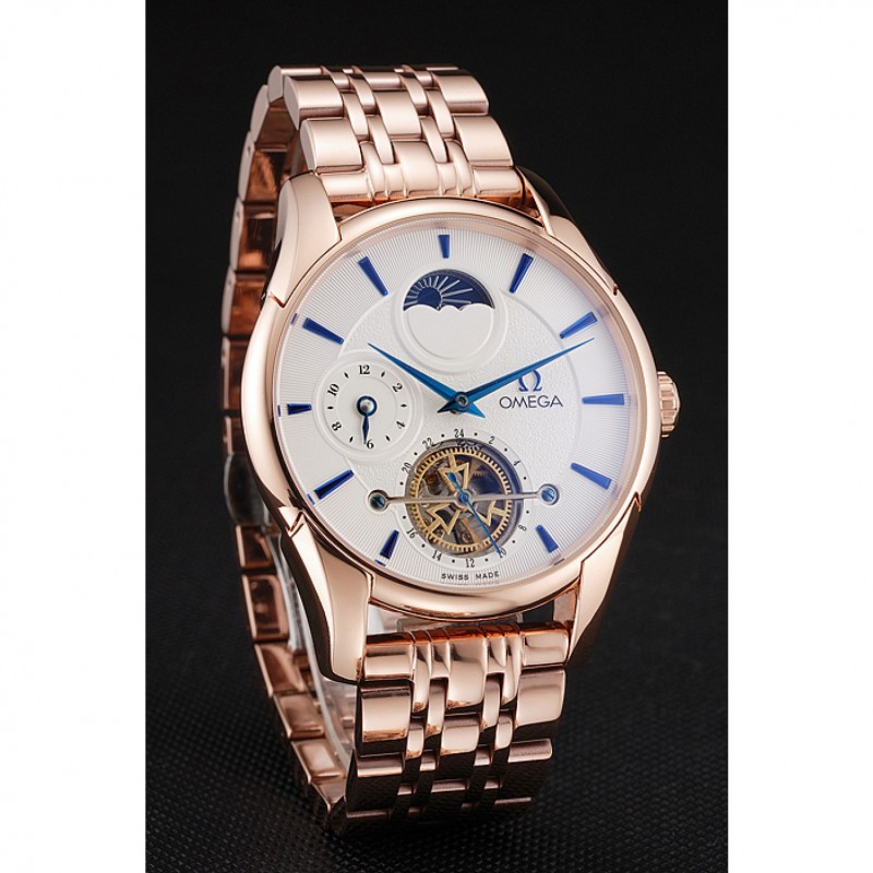 AAA Replica Watches Omega De Ville Moonphase Tourbillon White Dial Blue Hands Rose Gold Case And Bracelet-2