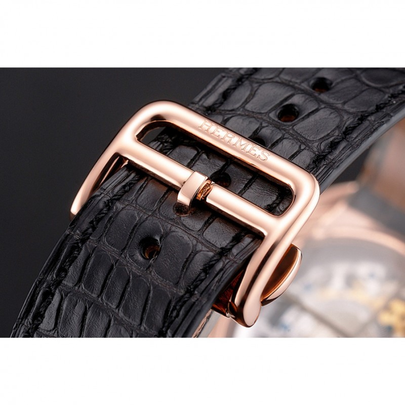 Swiss Hermes Arceau Skeleton Black Dial Brown Hands Rose Gold Case Black Leather Strap-5