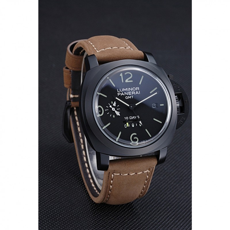 High End Replica Watches Panerai Luminor GMT Ion Plated Stainless Steel Bezel Khaki Leather Bracelet 622315-2