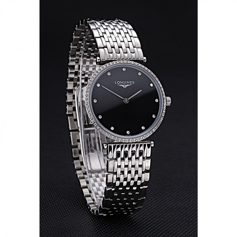 Longines La Grande Classique Stainless Steel Black Dial Diamond Bezel Homme 622107-2