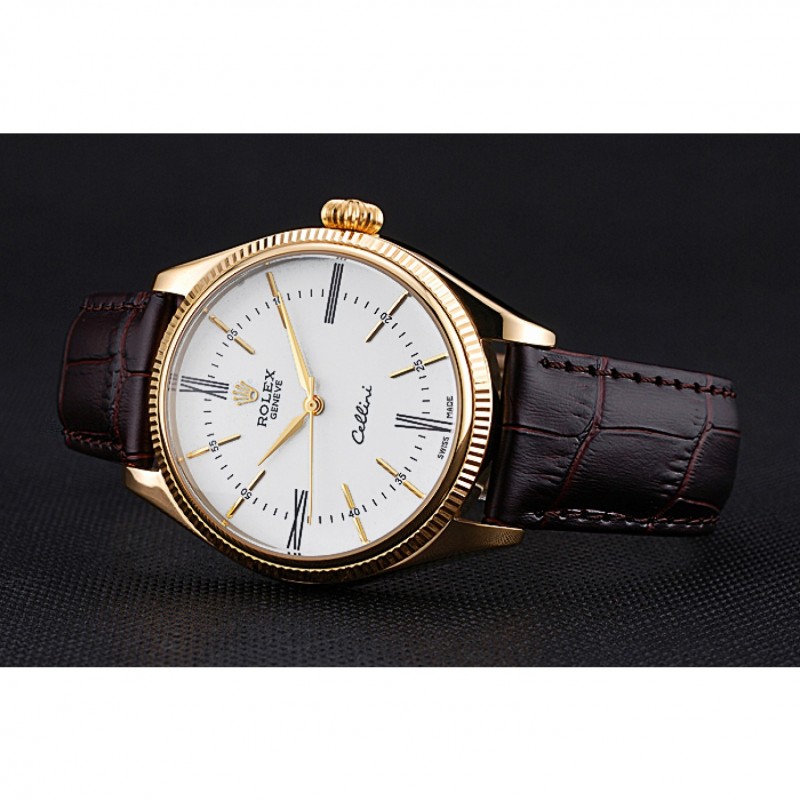 Rolex Cellini White Dial Gold Case Brown Leather Strap 622833-3