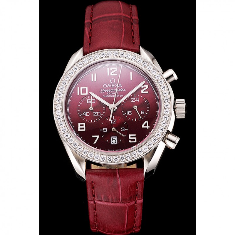 SS Replica Watches Omega Speedmaster Burgundy Dial Stainless Steel Case Diamond Bezel Burgundy Leather Strap-1