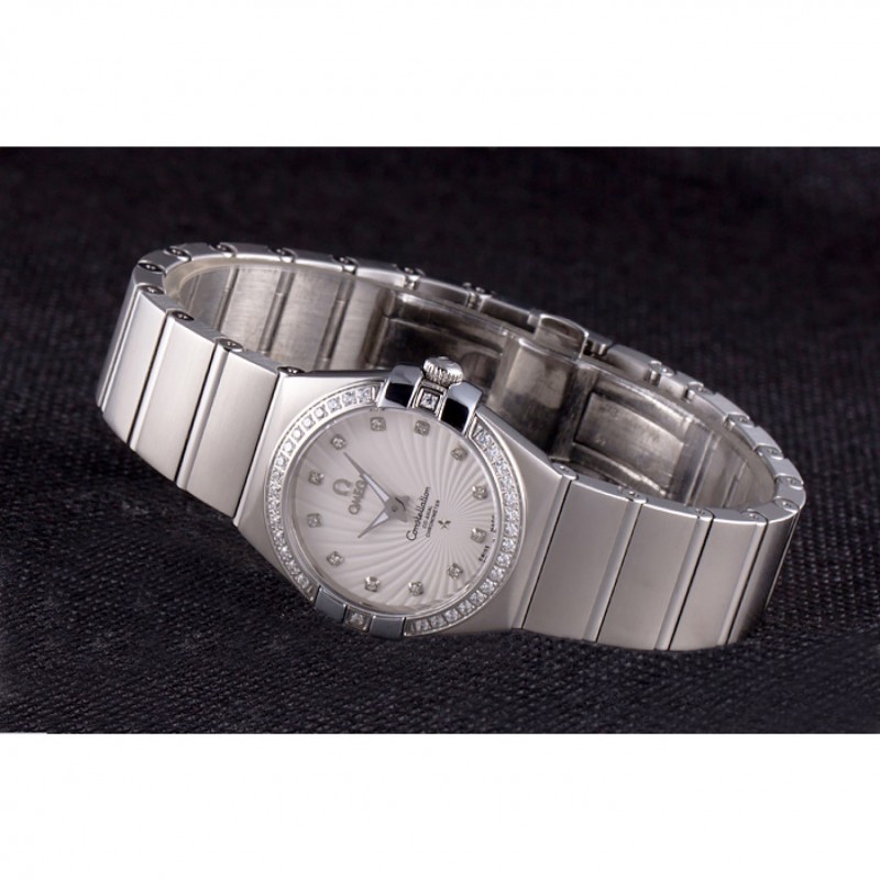 AAA Swiss Lady Omega Constellation Crystal Encrusted Bezel Silver Radial Dial 80291-4