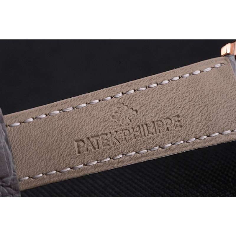 High End Replica Watches Patek Philippe Calatrava Gray Dial Diamond Markings Rose Gold Case Gray Leather Strap-6