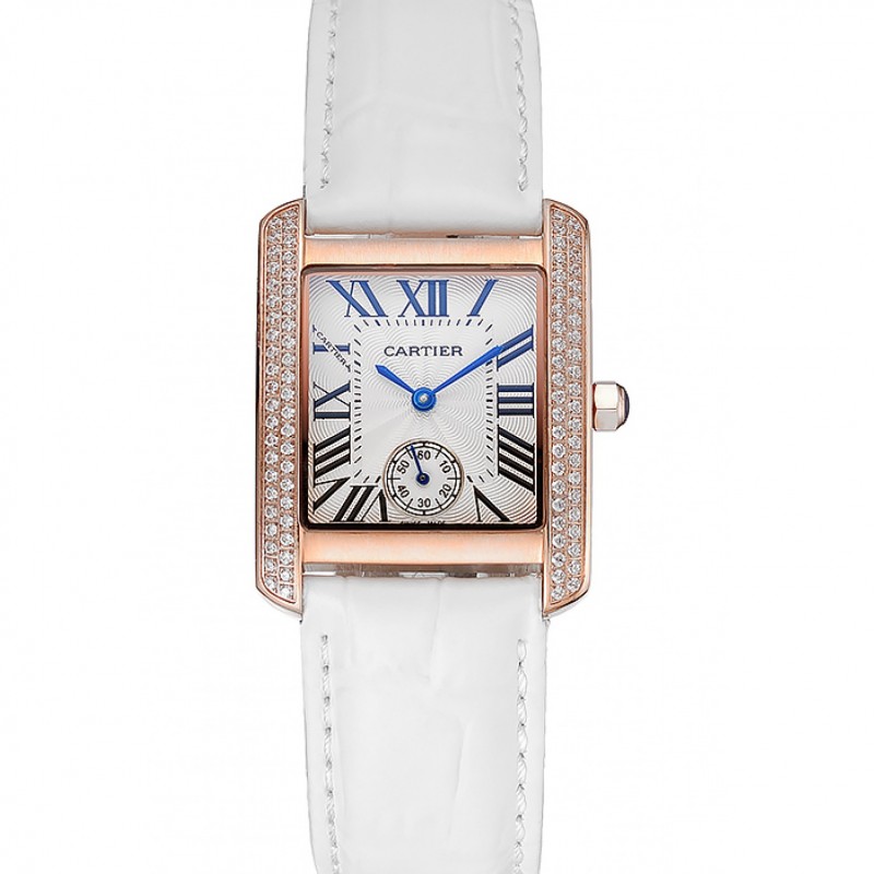 Cartier Tank MC Gold Diamond Case White Dial White Leather Strap 622169-0