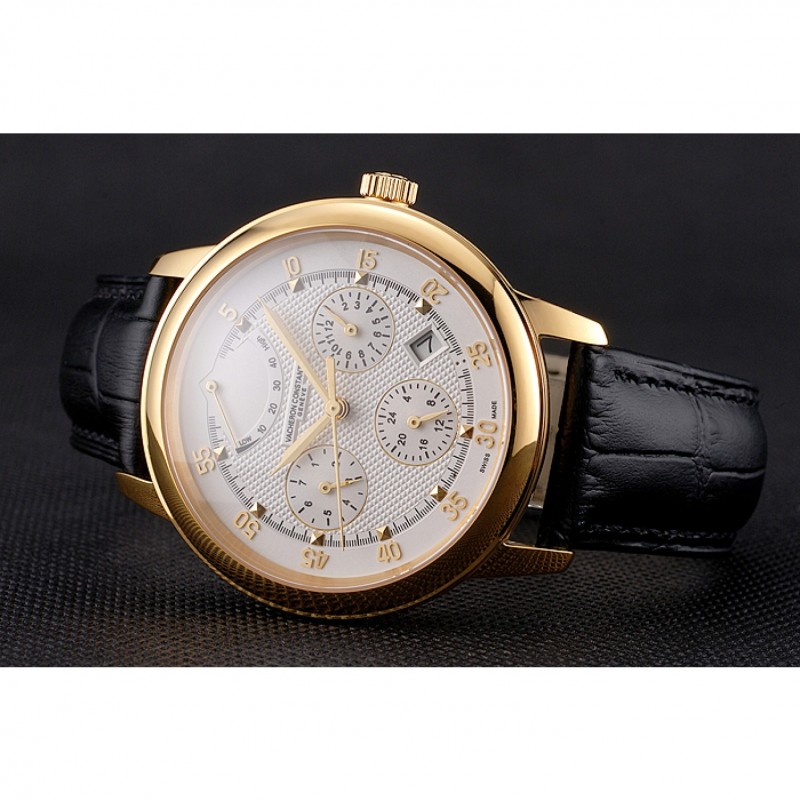 Swiss Vacheron Constantin Traditionnelle Power Reserve White Dial Gold Case Black Leather Strap-4
