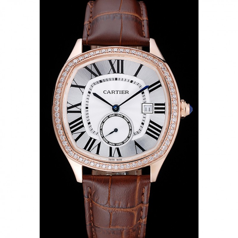 Best Cartier Drive De Cartier White Dial Silver Diamond Case Brown Leather Bracelet 1454216-1