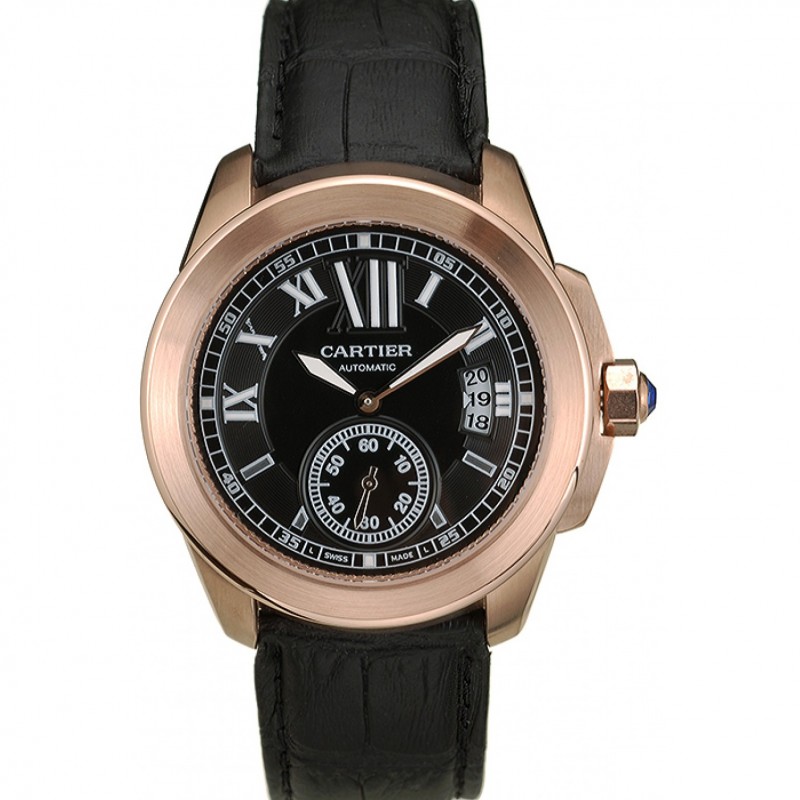 Cartier Calibre Black Dial Gold Case Black Leather Bracelet-0