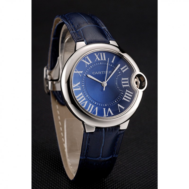 Cartier Ballon Bleu Silver Bezel with Dark Blue Dial and Dark Blue Leather Band 621555-2