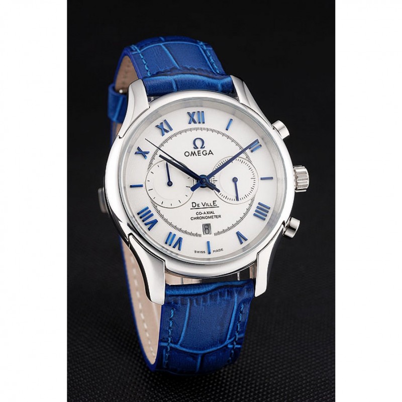 AAA Omega DeVille Silver Bezel with White Dial and Blue Leather Strap 621568-2