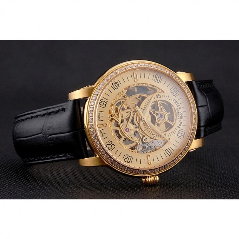 SS Swiss Patek Philippe Complications Openworked Dial Gold Case Diamond Bezel Black Leather Strap-3
