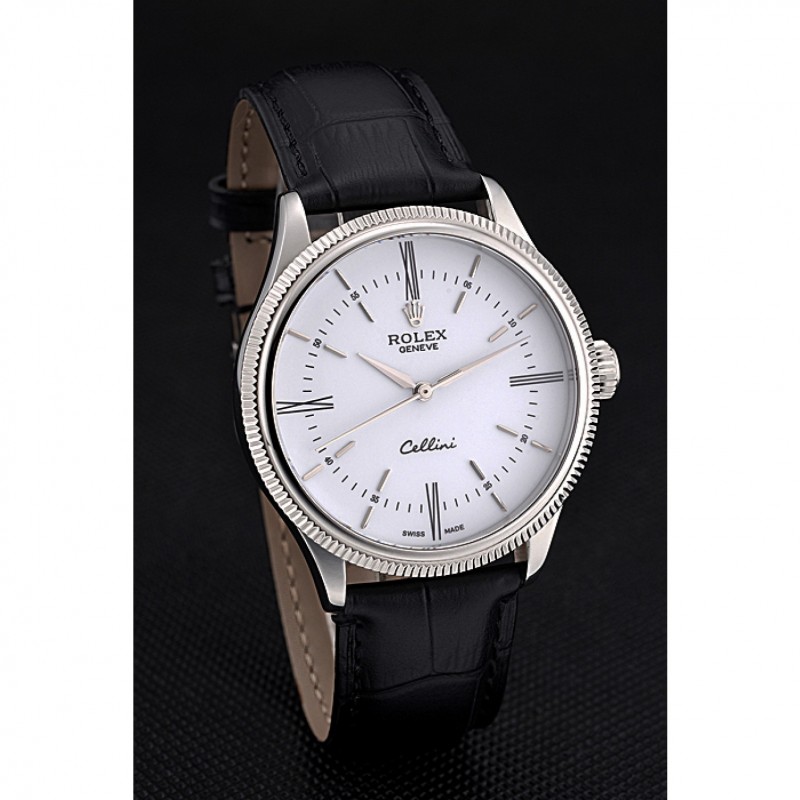 Swiss Rolex Cellini Time Silver Case White Dial Black Leather Bracelet 622653-2