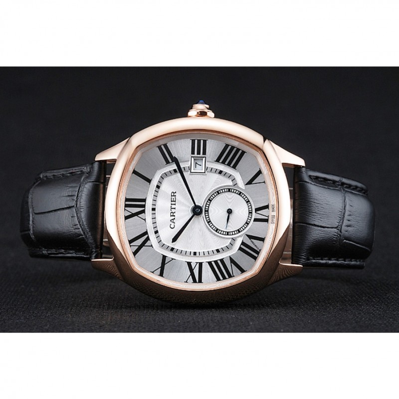 Cartier Drive De Cartier White Dial Gold Case Black Leather Bracelet 1454212-3