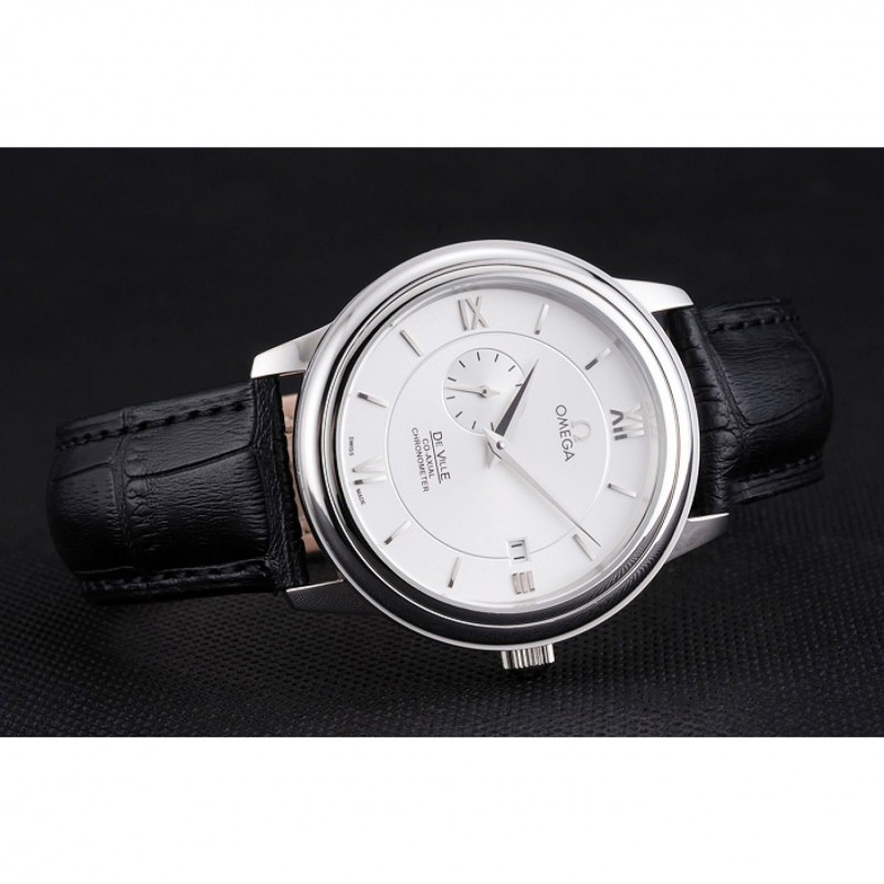 Omega De Ville Prstige Co-Axial White Dial Silver Case Black Leather Strap Roman Numeral-3