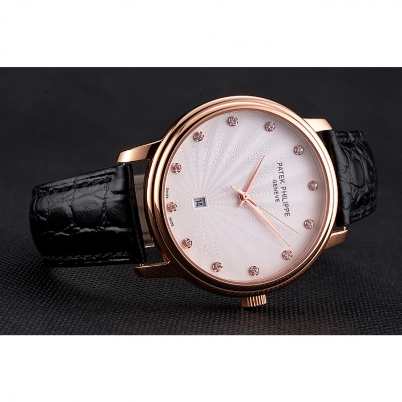 Patek Philippe Calatrava Date White Dial Rose Gold Case Black Leather Strap-3