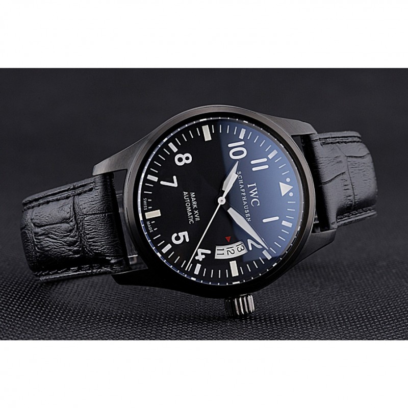 Cheap Replica Watches Swiss IWC Mark XVII Black Steel Case Black Dial Black Leather Bracelet 622667-3