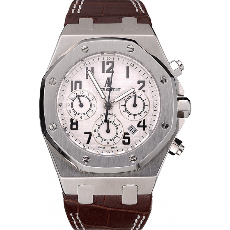Swiss Audemars Piguet Royal Oak Chronograph White Dial Stainless Steel Case Brown Leather Strap 622864-0