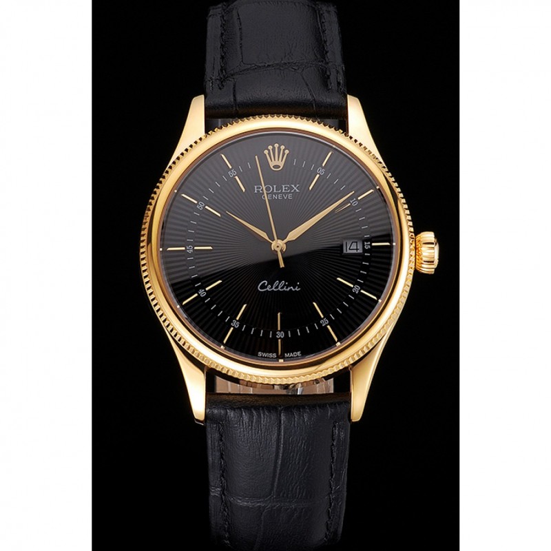 Swiss Rolex Cellini Date Black Dial Gold Case Black Leather Strap-1