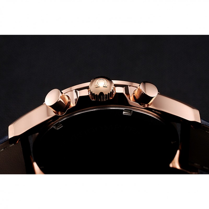 AAA Replica Watches Omega Chronograph White Dial Rose Gold Case Blue Leather Strap-8