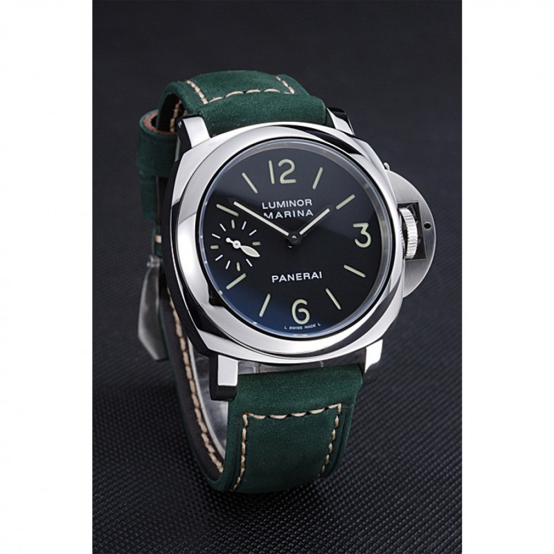 SS Replica Watches Panerai Luminor Marina Polished Stainless Steel Bezel Green Leather Bracelet 622310-2